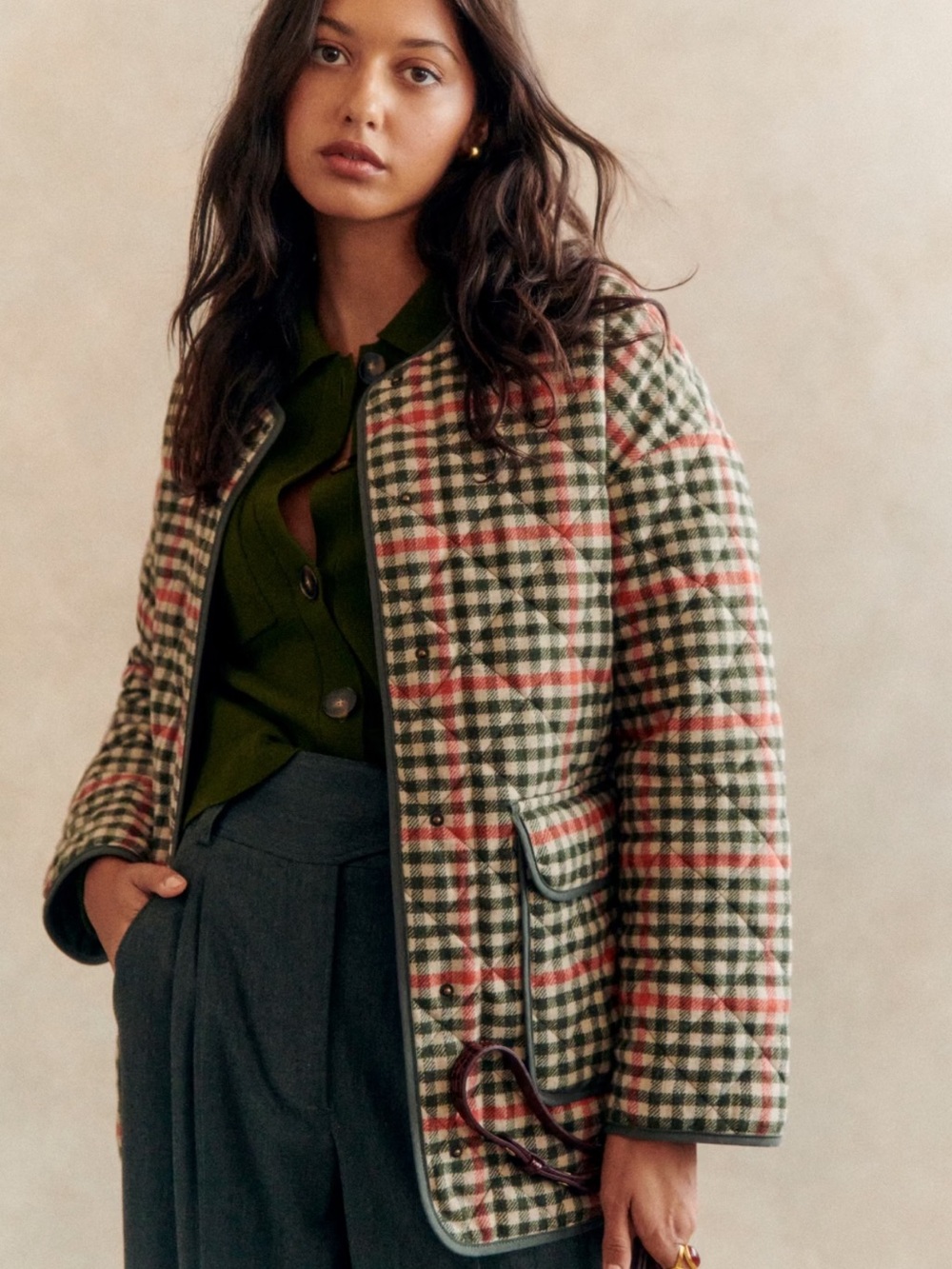 Sezane Checked Quilted Jacket in Green and Red Plaid
